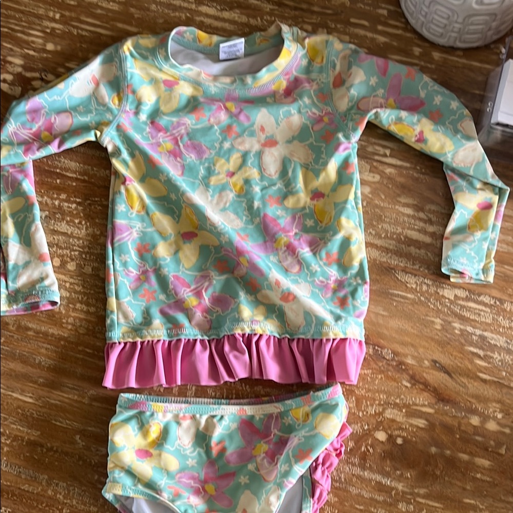 Ruffle Butts Pink and Green Rashguard Swim Set